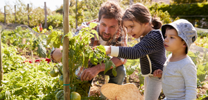 Man with Kids in organic garden